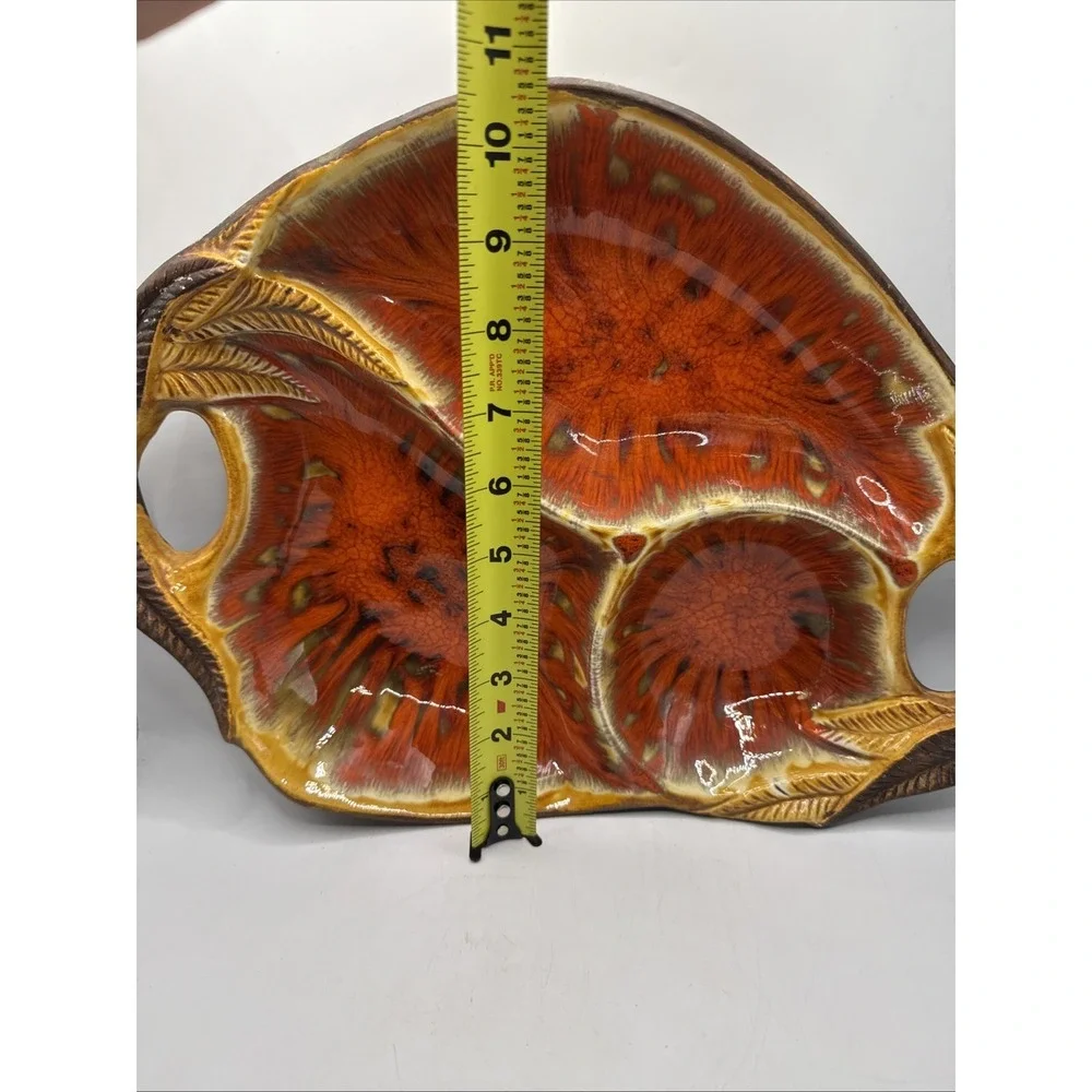 Vintage MCM Glazed Divided Pottery Platter Chip Dip Orange & Brown Centerpiece
